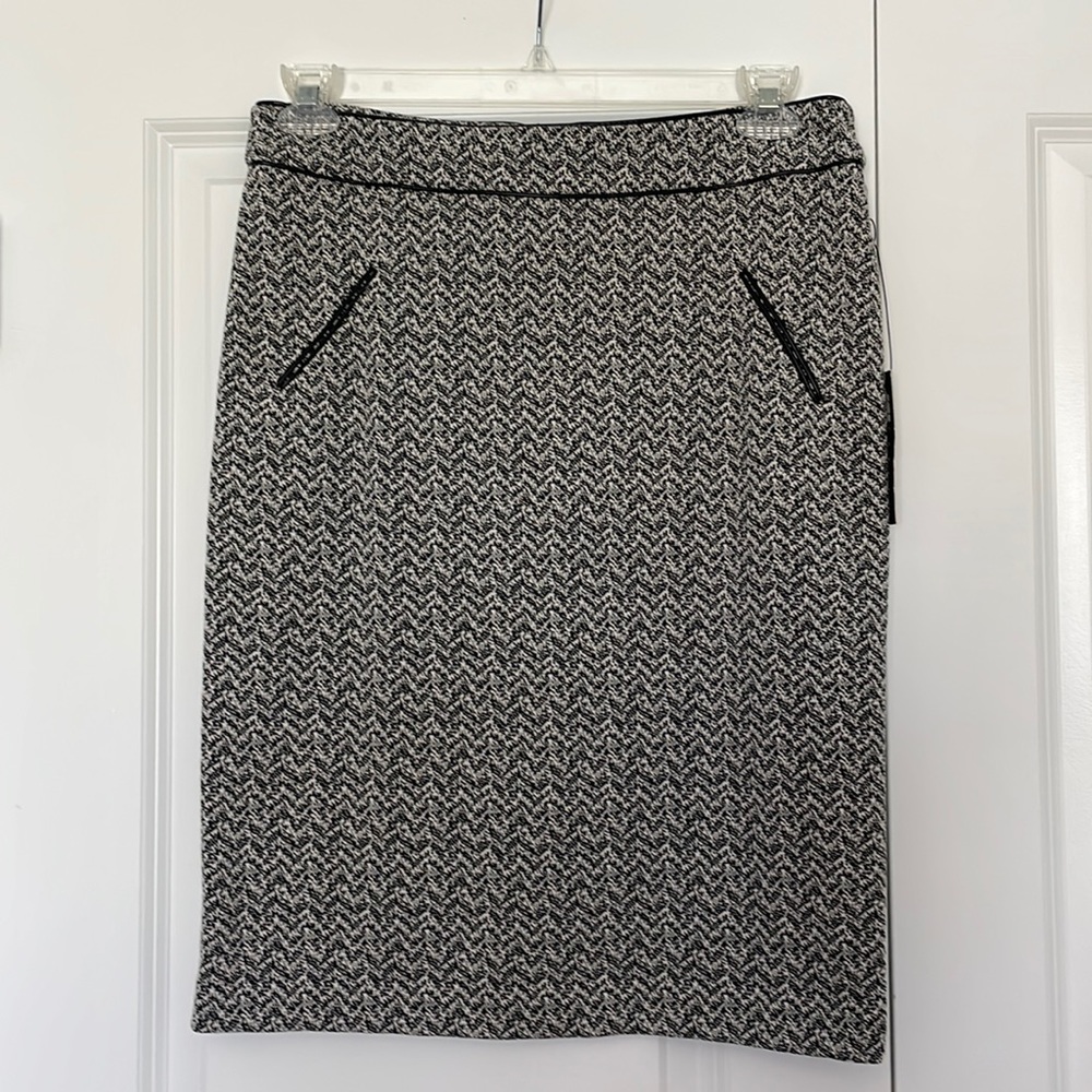 NWT Carole Little | Abstract Herringbone Pencil Skirt w/ Leather Trim | sz 10